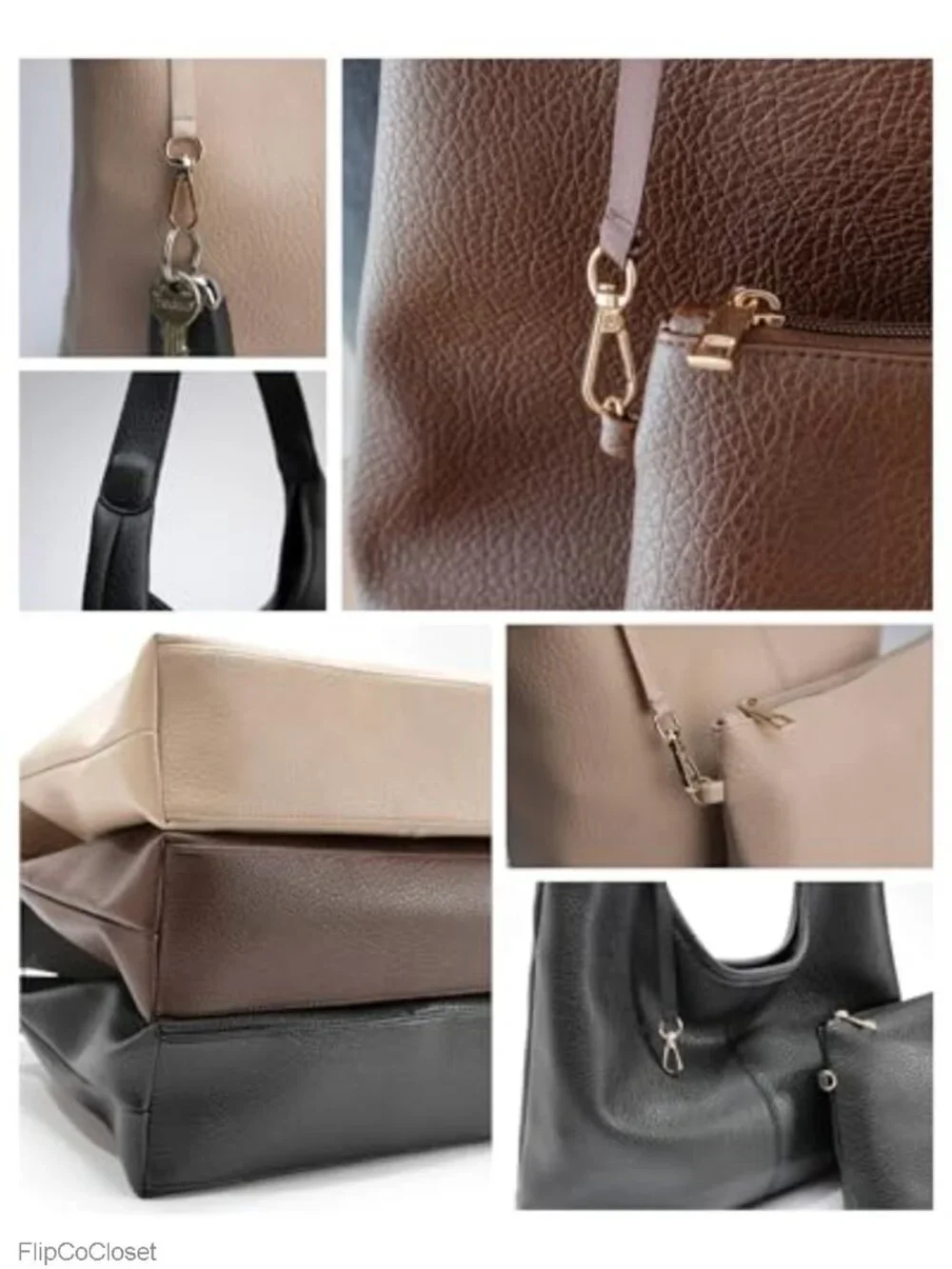 Faux Leather Slouchy Hobo Bag with Zippered Pockets & Shoulder Strap